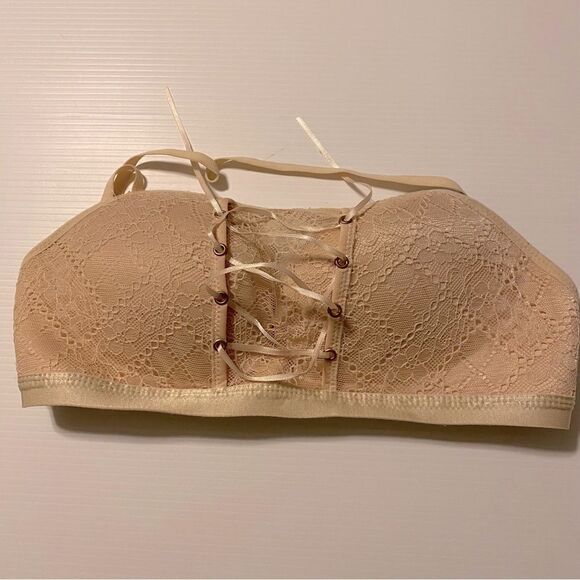 Padded push up tan beige lace bra bustier corset style wide back closure c cup - Picture 2 of 7